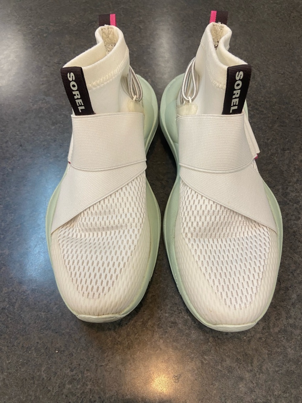 Sorel Cream Slip-On Sneakers with Mint Sole and Pink Pull Tabs